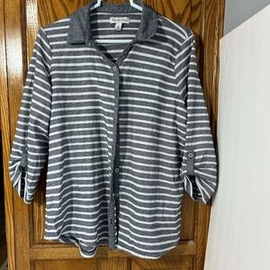 Kim Rogers Button Down Striped Roll Tab Sleeve Top Size XL